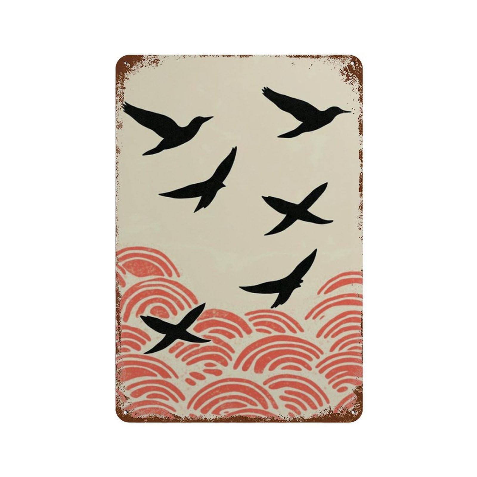 xiaoxiaoshen Bird Silhouette Japanese Wave Minimal Nature Seigaiha Style Modern Graphic Wall Decor Art Metal Tin Poster Modern Home Decor Art Home Bar Shop Decorations Vintage Sign 30x20cm