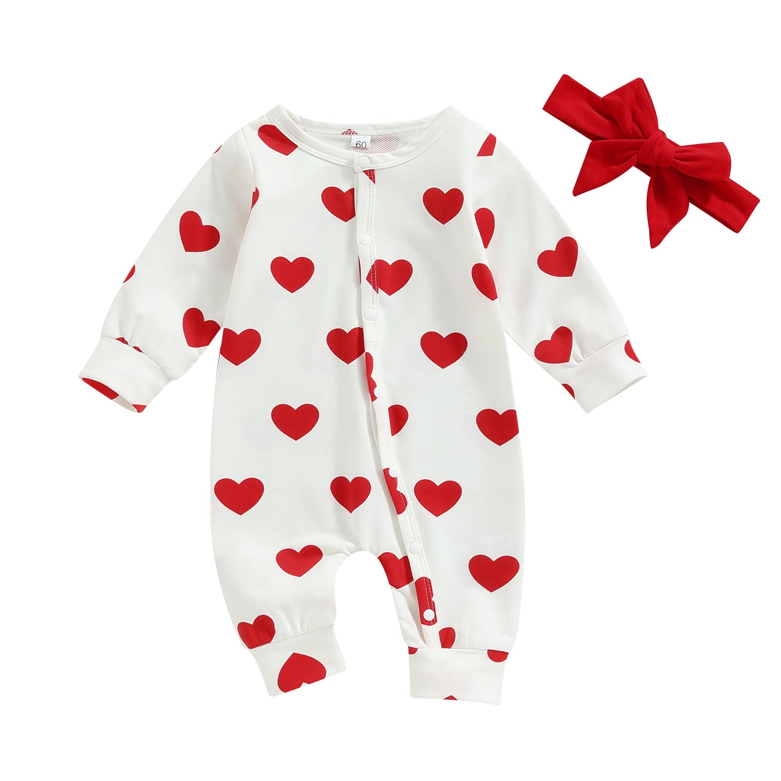 Dcohmch My First Valentines Day Baby Girl Outfit Newborn Long Sleeve Button Jumpsuit Heart Knit Bodysuit + Headband 0-18M