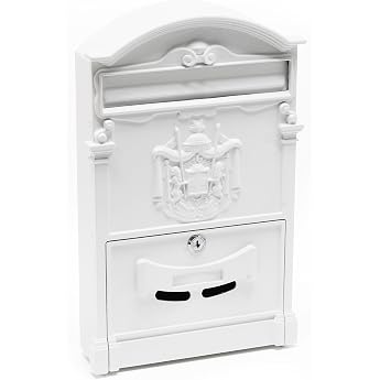 Wiltec Letter Box Antique Design White 260 x 90 x 400 mm Wall Letter Box with Lock Name Plate and Viewing Slots Steel Post Box