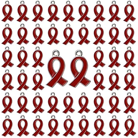 CRAFFANCY 50 Pcs Red Ribbon Pendants, Heart Disease HIV/AIDS Awareness Drug Prevention DUI Awareness Ribbon Charms for Jewelry Making Cover