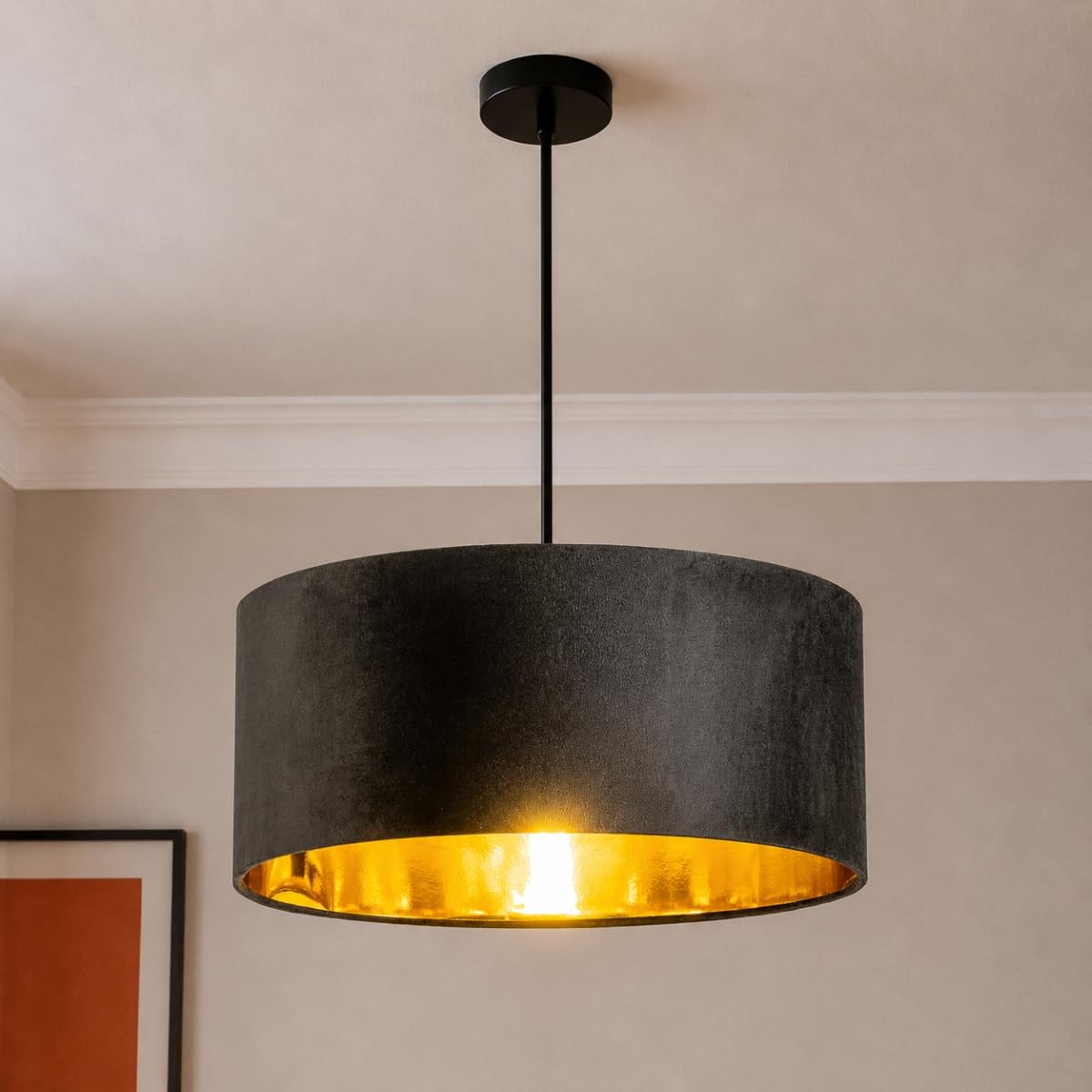 CGC Lighting Modern Large Velvet Fabric Lamp Shade 45cm Diameter 20cm Height with Reflective Inner Drum Pendant Table Lamp Bedroom Dining Room Lounge (Black) — image 1