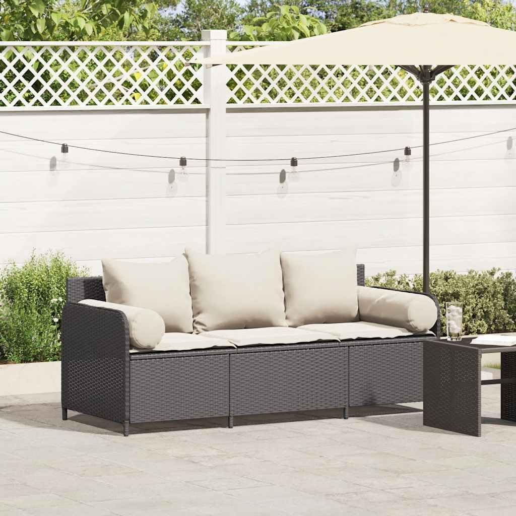 Unity Divano da Giardino a 3 Posti con Cuscini Nero in Polyrattan, divano da esterno, mobili da giardino, mobili da giardino