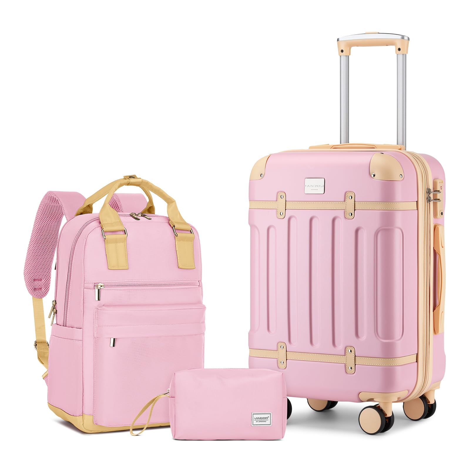 larvender luggage sets 3 piece expandable carry on luggage 22x14x9 airline approved hardshell suitcase with wheels tsa lock, lightweight suitcase set for women with travel backpack, pink
