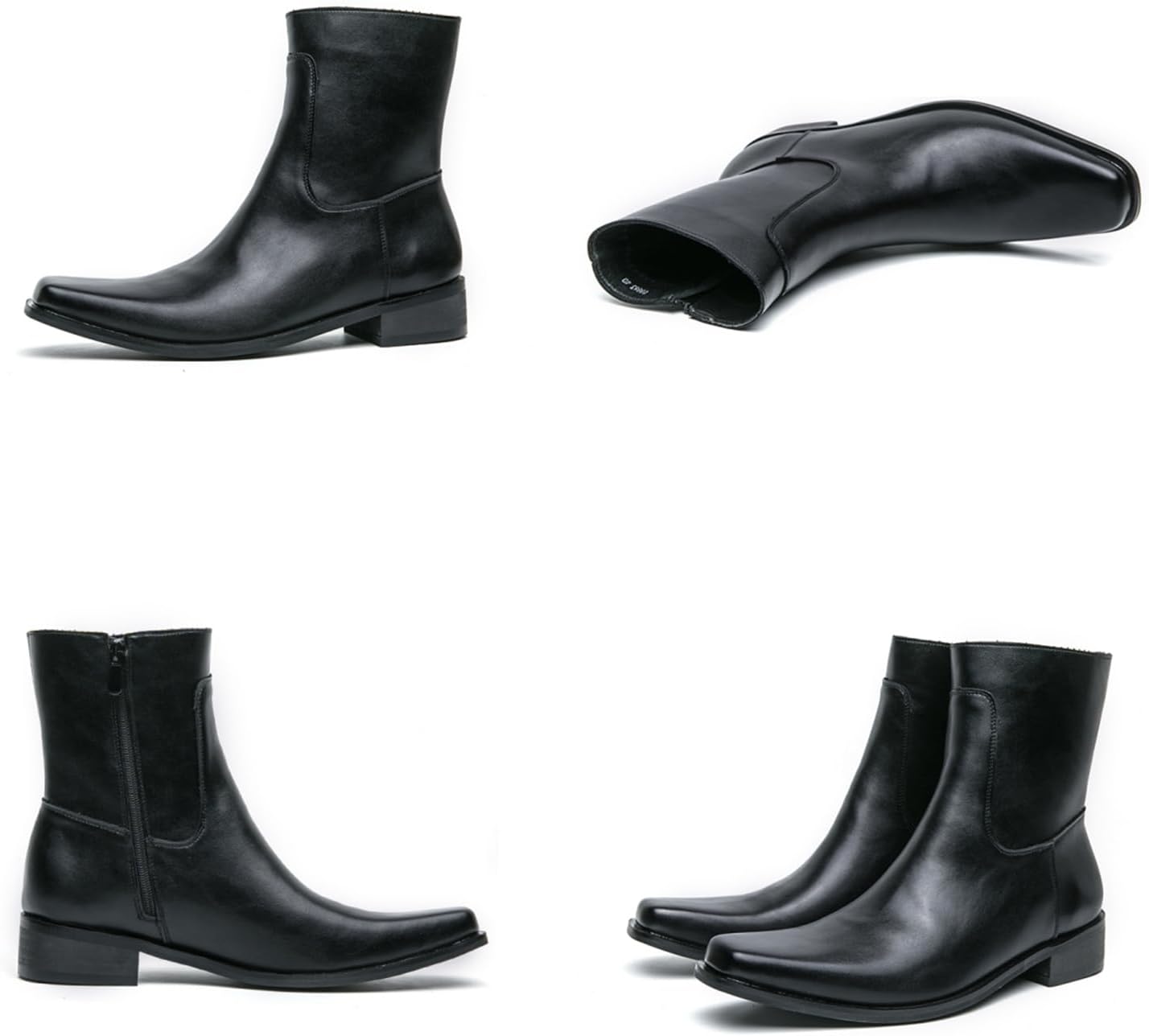 Mens Leather Pull On Low Chunky Heels Square Toe Dress Western Chelsea Boots Casual Ankle Cowboy Boots with Side Zipper & Buckles for Prom Formal Party Working Business