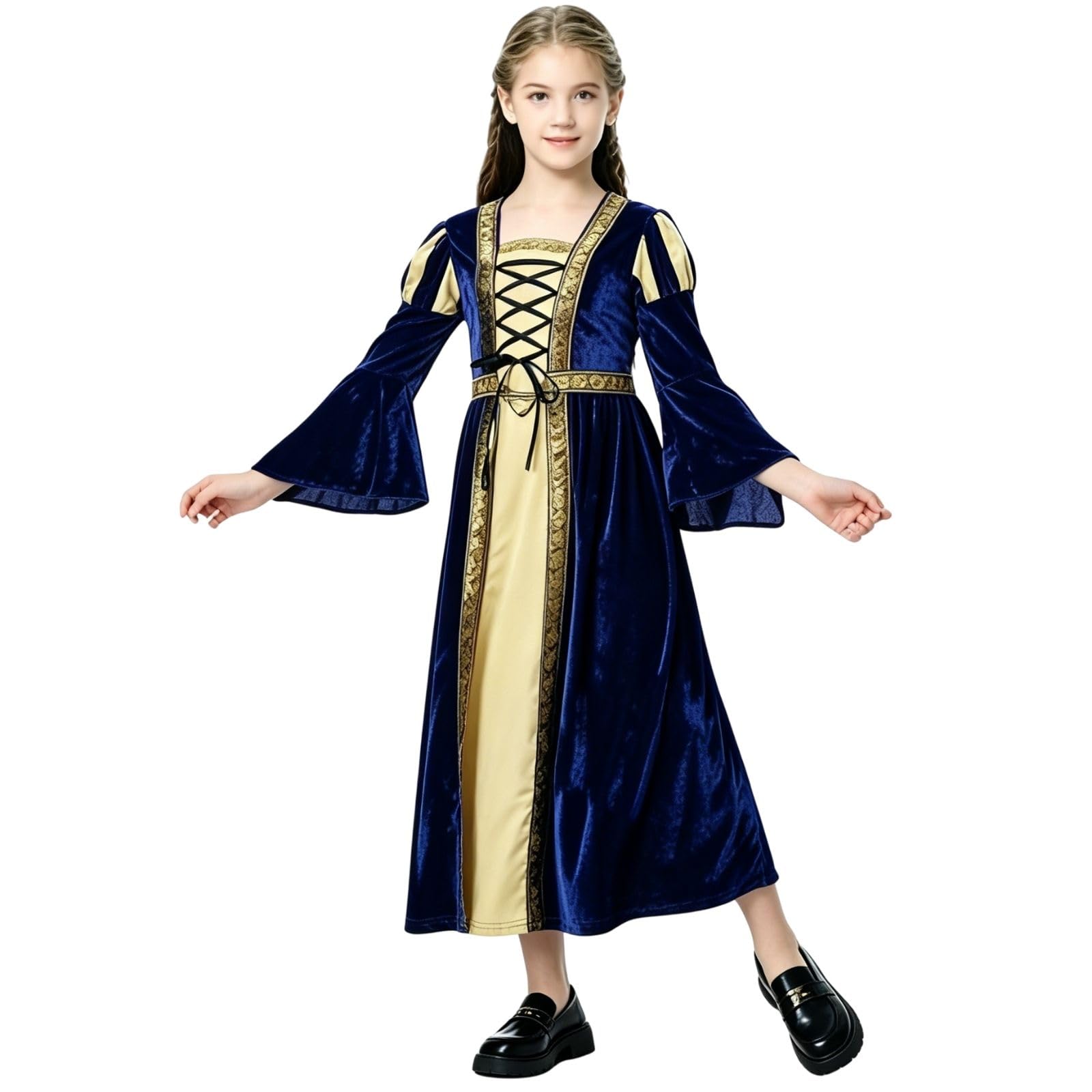 HAPNBCELE Medieval Dress for Girls, Vintage Princess Renaissance Fair World Book Day Halloween Christmas Birthday 4-14 Years (Blue, 12-14 Years)