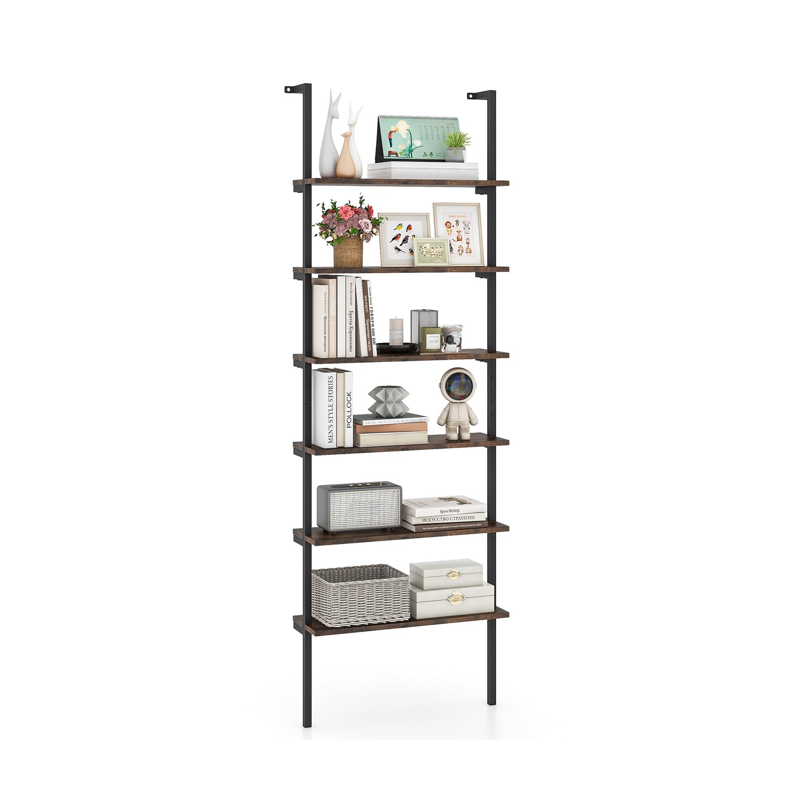 GOPLUS Estantería de Pared de 6 Niveles, Librería de Escalera con Estructura de Metal y Dispositivos Antivuelco, Estante de Exhibición Moderno para Salón Dormitorio Oficina, 60x20x183cm (Marrón)