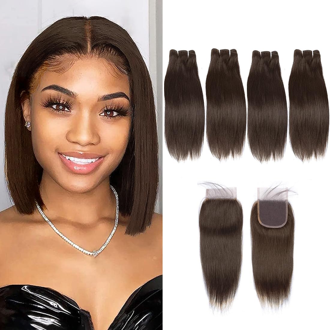 RQY Short Straight Hair Bundles Brown Bundles With Closure