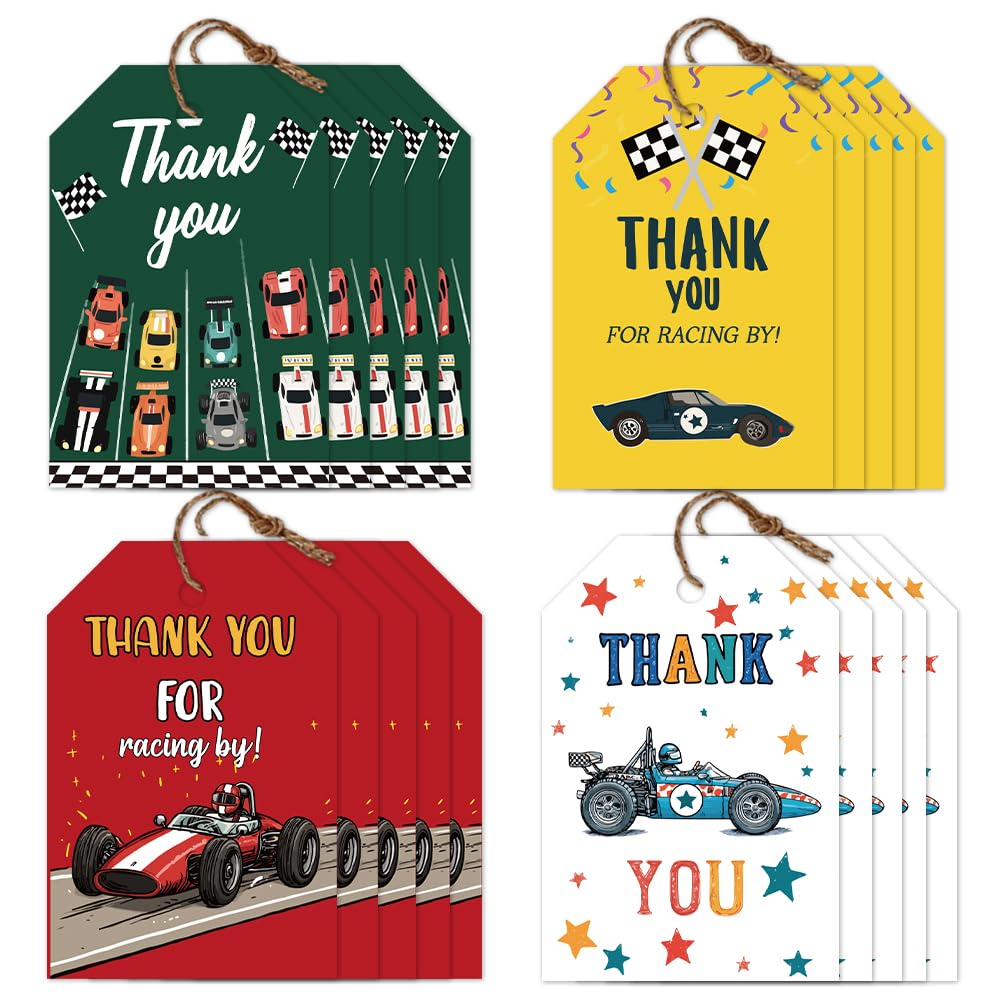 CRAFTYMELODY 80Pcs Thank You Tags with String 4 Style Racing Theme Thank You Gratitude Hanging Labels Name Tags 2×3 Inch for Racing Journaling DIY Gift Crafts Presents Birthday Party Favor Decor