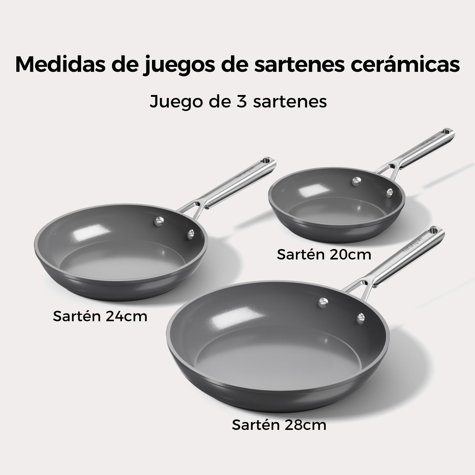 DiamondTitan Set 3 Sartenes Cerámicas (20+24+28 cm), Antiadherente para Todas Cocinas, Sin PTFE PFAS PFOA, Aptas para Horno, Lavavajillas con Mango que Permanece Frío (Gris)