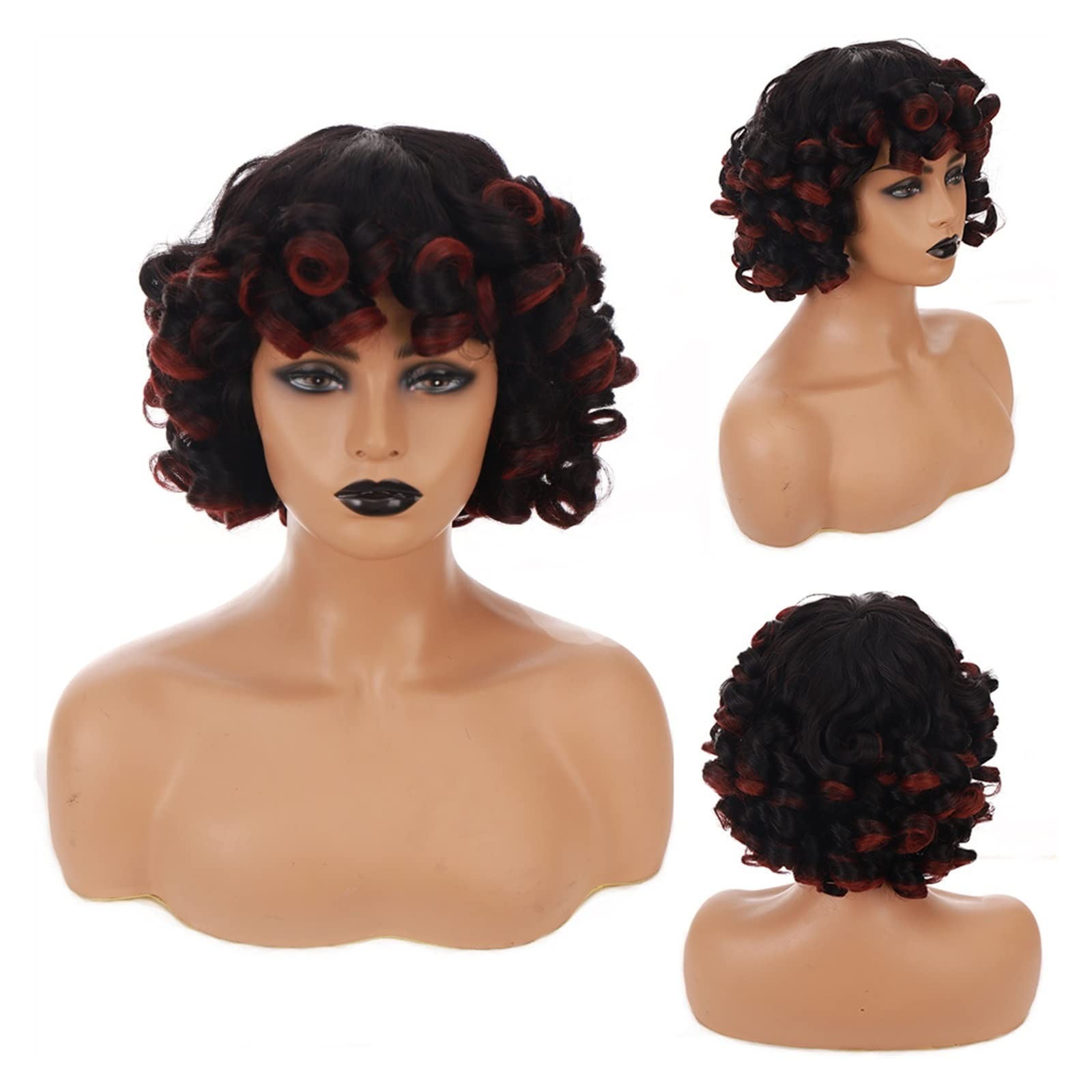 Wigs HOUYAN Short curly hair synthetic black female black brown wig African wig with bangs natural female hair accessories Ladies Wig (Color : 004)