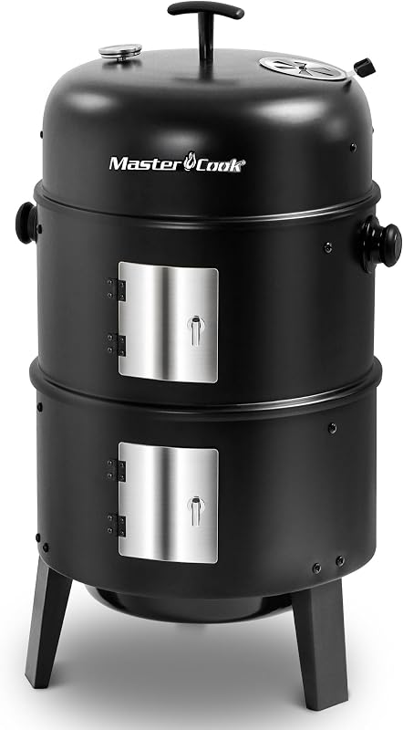 Ahumador de carbón de 16 pulgadas, parrilla de barbacoa vertical 4 en 1 | Parrilla para ahumar con tambor, fogón de acero resistente con sistema de ventilación ajustable, termómetro incorporado, patio trasero para acampar al aire libre