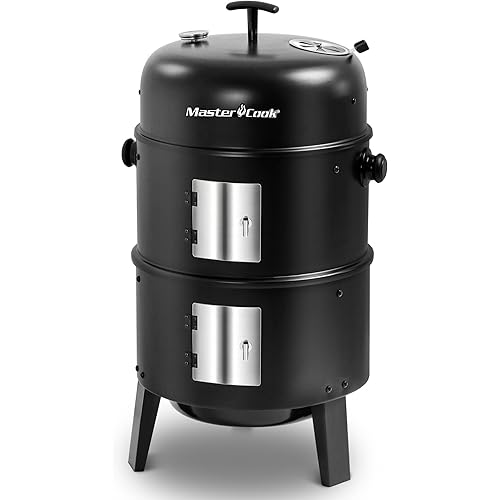 MASTER COOK 16 inch Charcoal Smoker, Vertical BBQ Grill, Heavy Duty 4 In 1 Fire Pit with built-in Thermometer & Adjustable Vent System for Backyard Patio Camping