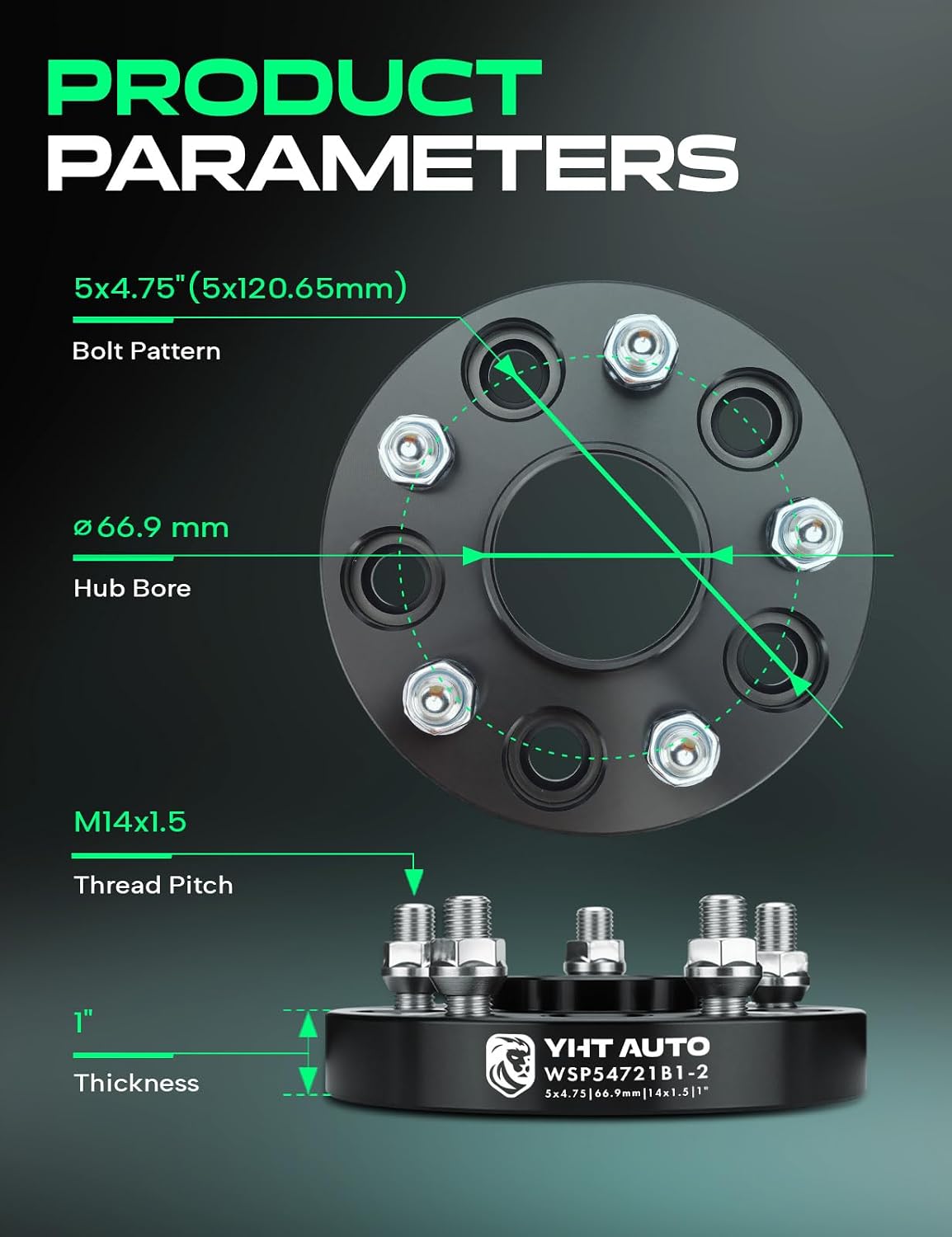 YHTAUTO 5x4.75 Inch Hub Centric Wheel Spacers 1 Inch Compatible with Chevrolet, GMC, Buick, Cadillac, Saab, Pontiac Models Tire Spacers w/ M14x1.5 Studs 66.9 mm Hub Bore 5 Lug 2PCS Black