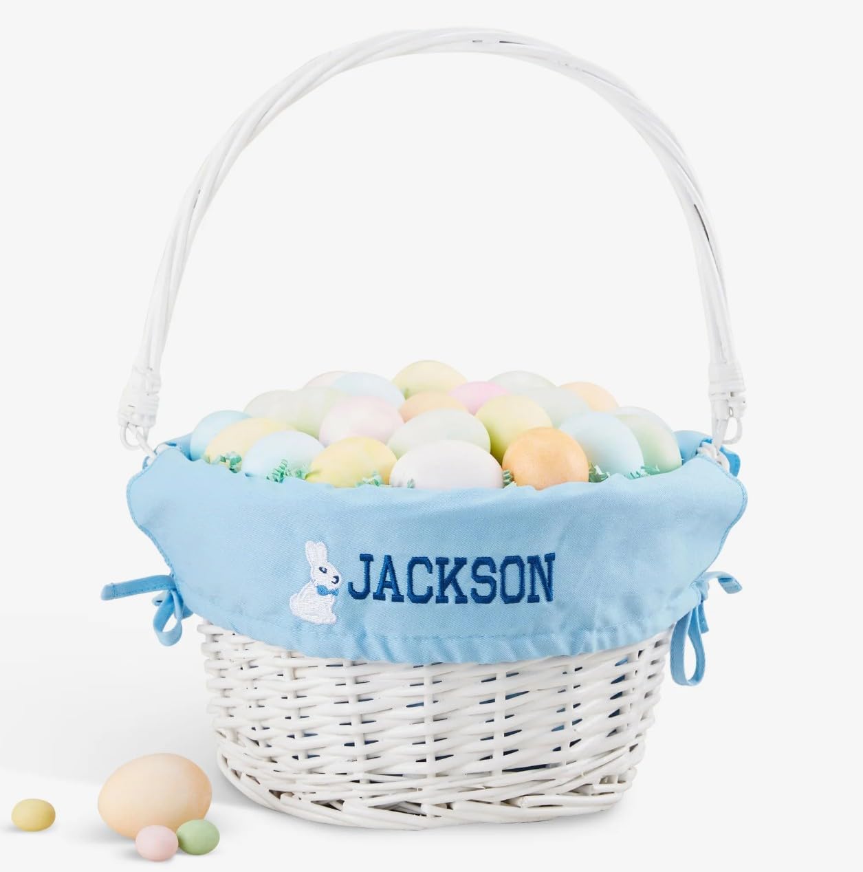 Personalization Universe Personalized Bunny Name Easter Basket – Custom Kids Easter Egg Basket – Embroidered Light Blue Basket Liner – Hand-Woven White Willow Basket with Folding Drop-Down Handle