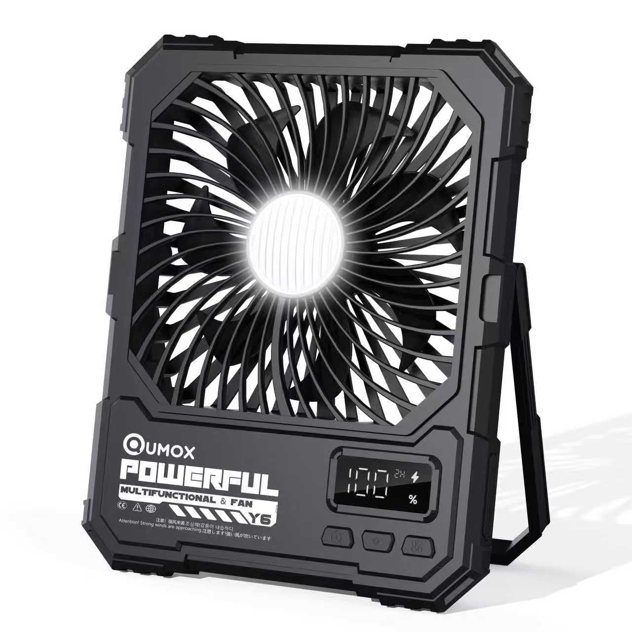 QUMOX Y6 Ventilador de Camping Recargable con Luz LED, Negro | Batería 20000mAh, Mando a Distancia, 4 Velocidades y 4 Modos de Luz, Temporizador 2/4/6H