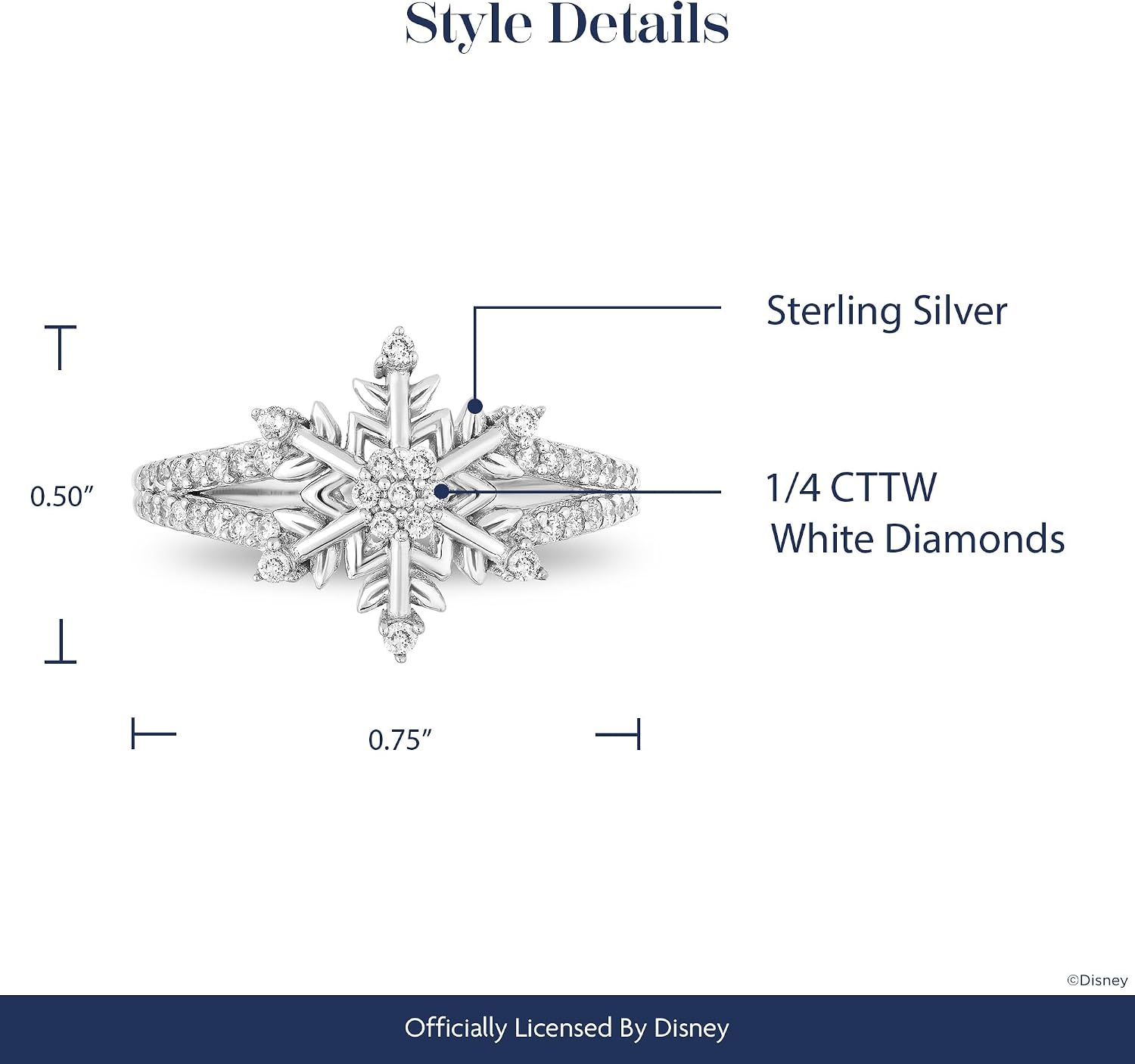 Jewelili Enchanted Disney Fine Jewelry Sterling Silver 1/4 Cttw Diamond Elsa Snowflake Ring