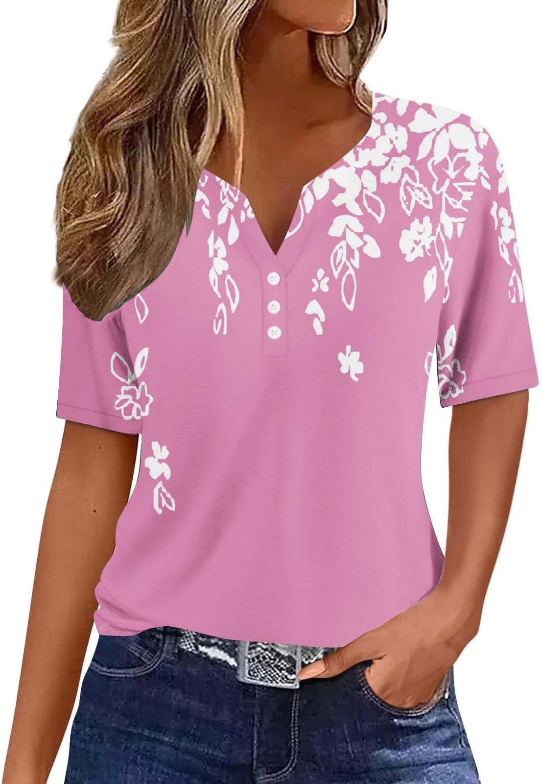 CeboyelWomen Floral Boho Summer Tops 2024 Short Sleeve Henley Shirts V Neck Blouses Tunic Trendy Fashion Vacation Clothes
