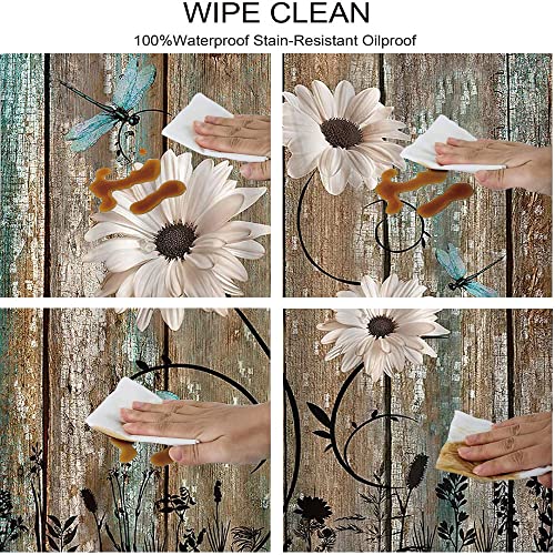 Rustic Wooden Daisy Flower Oval Fitted Tablecloth, Dragonfly Floral Old Garage Door American Native Country Farmhouse Decor, For Kitchen Dining, Party, Holiday, Christmas, Buffet, Fits 48" X 68" Table #TOP2