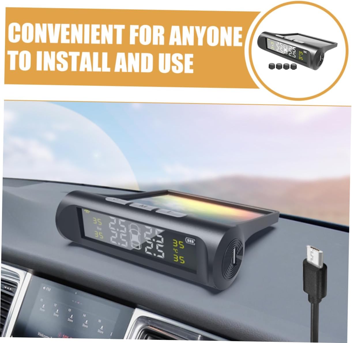 OUNONA Car Tire Pressure Monitor Sensor Solar-Powered Real Digital Display Low-Pressure Alarm for Accurate Automotive Tire Monitoring Compatible Cars Trucks and Suvs