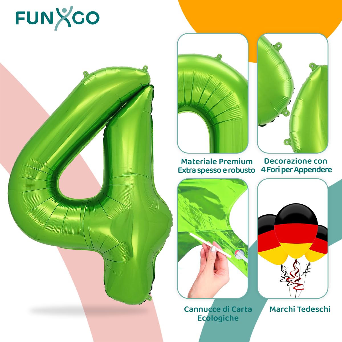Palloncino numero 4 verde – Numero gigante palloncino circa 100 cm – Palloncino numero 4 – vola con elio – per 4 ° compleanno, matrimonio, anniversario, festa, decorazione per feste