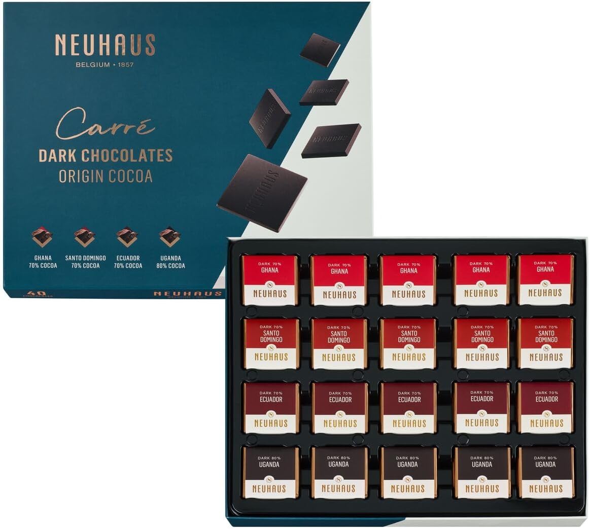 Neuhaus Belgian Chocolate Carré Dark Origin Box – 40 Neuhaus Chocolate Carrés in Dark Chocolate – 4 Different Flavors – Individually Wrapped – Chocolate Lovers Gift