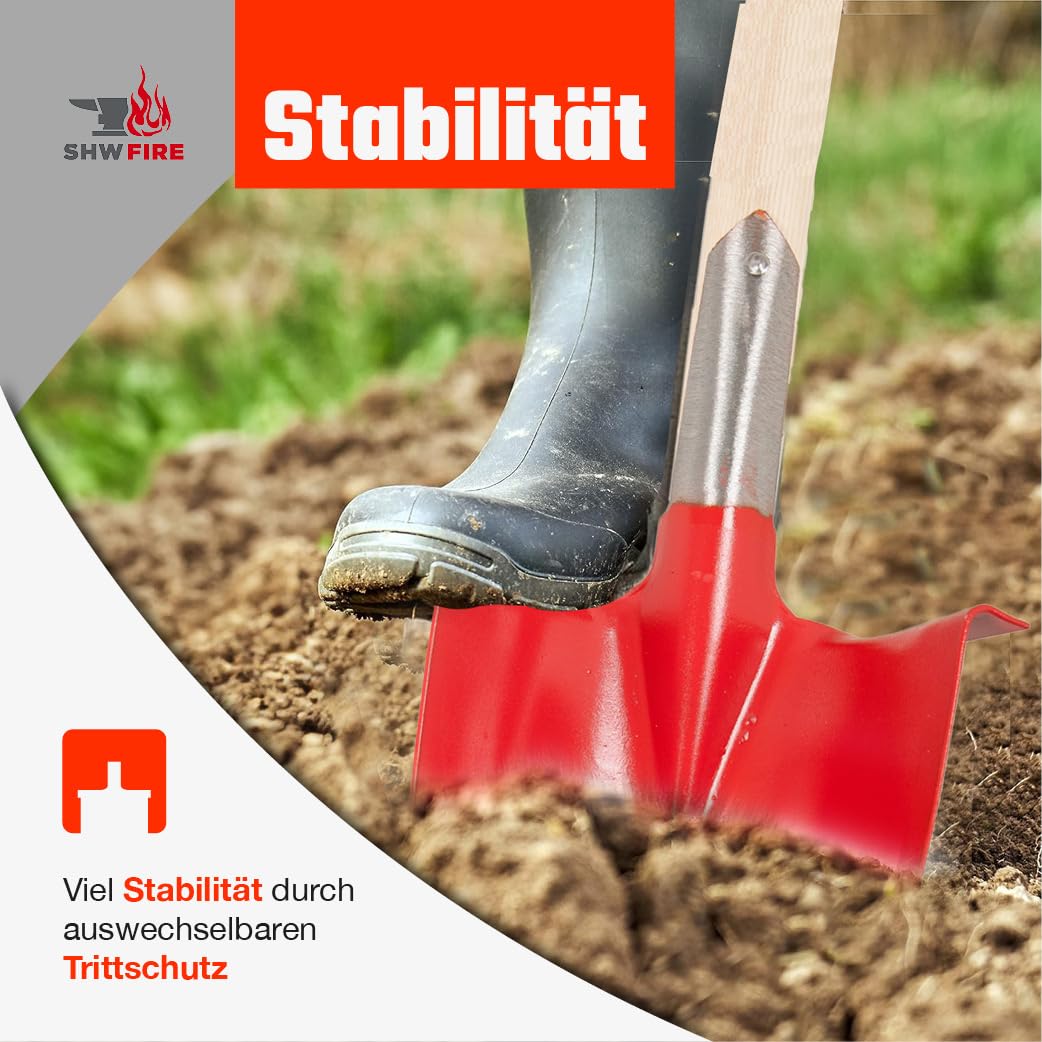 SHW-FIRE | Hohlspaten mit Eschenholzstiel, T-Griff, geschmiedetem Spezialstahl, Spaten ideal zum Pflanzen & Wurzeln durchtrennen | Made in Germany