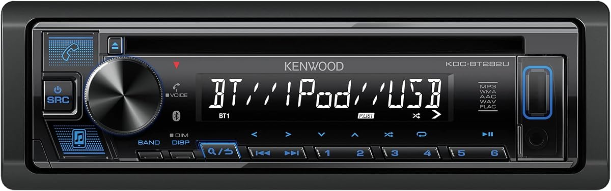 KENWOOD KDC-BT282U CD Car Stereo - Din único, audio Bluetooth, USB MP3, FLAC, entrada auxiliar, radio AM FM, frontal desmontable con pantalla LCD blanca de 13 dígitos e iluminación de botones azules