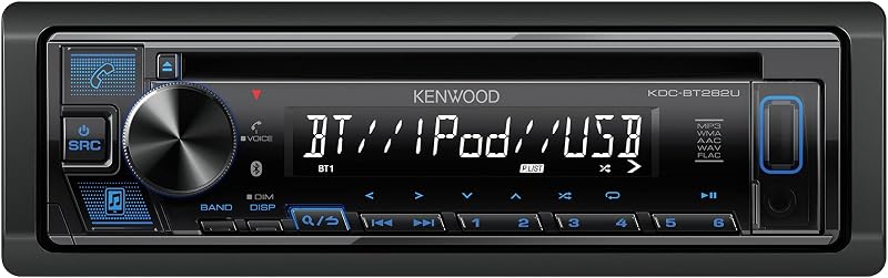 KENWOOD KDC-BT282U CD Car Stereo - Din único, audio Bluetooth, USB MP3, FLAC, entrada auxiliar, radio AM FM, frontal desmontable con pantalla LCD blanca de 13 dígitos e iluminación de botones azules