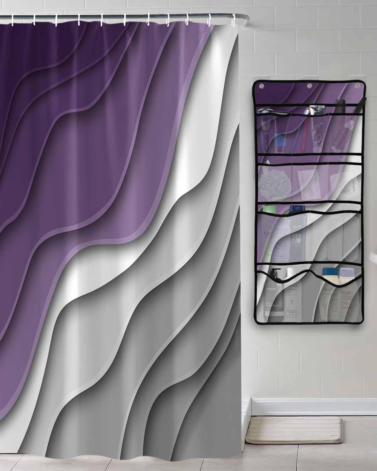 Shower Curtain Mesh Shower Organizer Hanging Set Abstract Beach Aesthetic Grey to Purple Gradient Waterproof Shower Curtains with