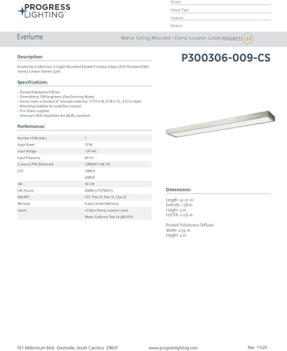 Miniatura 6 de Progress Lighting Everlume Collection - Lámpara LED de cristal esmerilado de níquel cepillado de 32 pulgadas