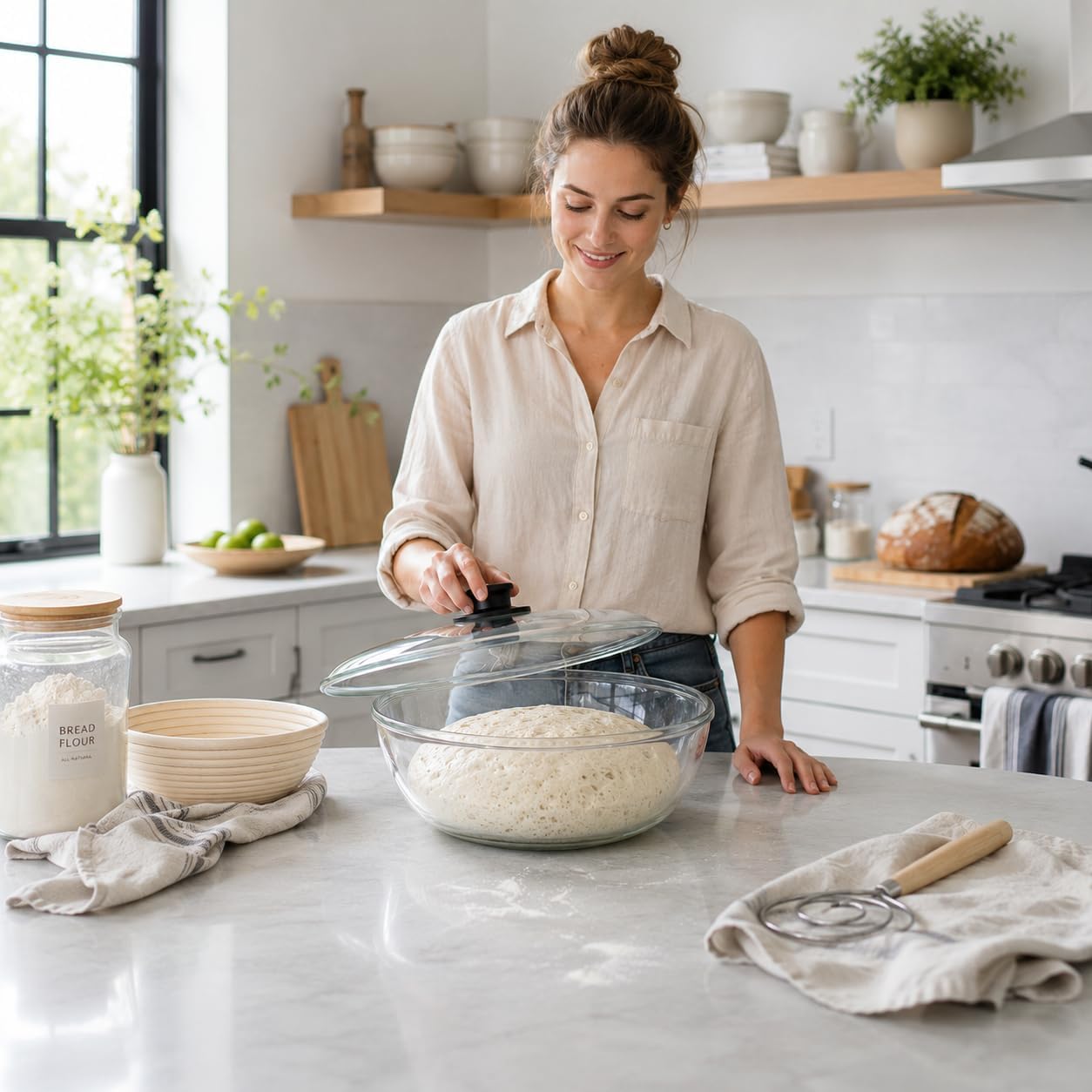 6 QT Large Glass Mixing Bowl with Lid, Clear Thickened Glass Bowl for Sourdough Bread Salad Baking Prepping and Food Storage, Dishwasher Microwave Freezer