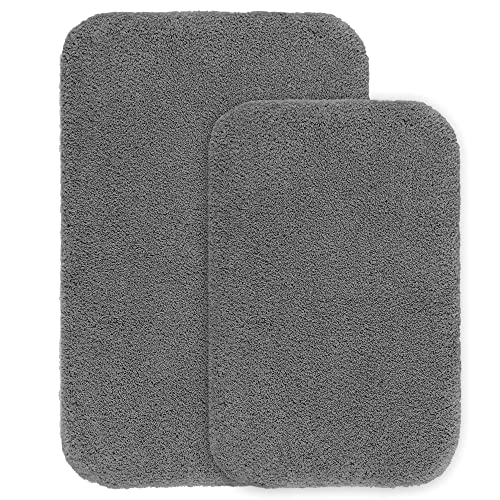 Image of VANZAVANZU Bathroom Rugs Set, 2 Piece Non Slip High Pile Microfiber Shaggy Bath Mat, Ultra Soft Absorbent, Machine Washable, Dark Gray (16''x24'' Plus 20''x32'')
