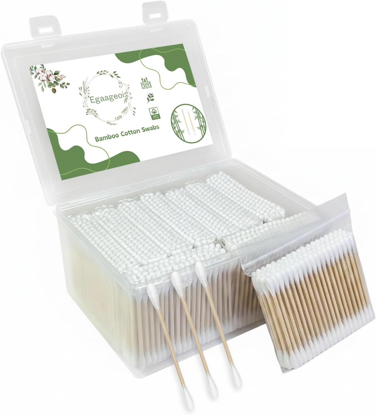 Egaageoi 1000 Count Bamboo Cotton Swabs with Storage Box | Biodegradable & Natural Double Tipped Cotton Buds | Sturdy Wood Sticks for Makeup, Pet Care, Arts & Crafts | Compact Portable Case
