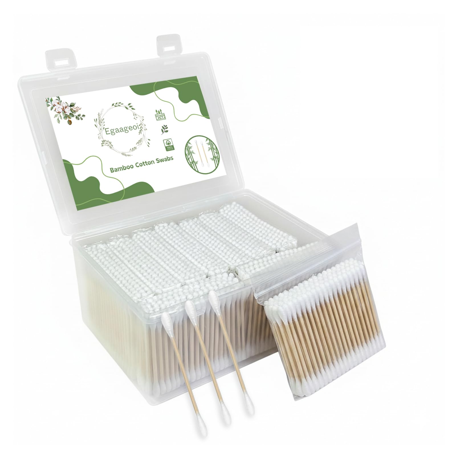 Egaageoi 1000 Count Bamboo Cotton Swabs – Double-Tipped, Biodegradable and Organic Cotton Buds | Eco-Friendly Natural Sticks for Ear Cleaning, Makeup, Pet Care and Ointment Application