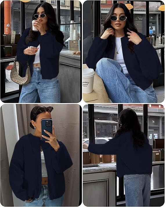 Womens Bomber Jackets Fall Winter Cropped Zip Up Coat Hoodless Outwear with Welt Pockets3