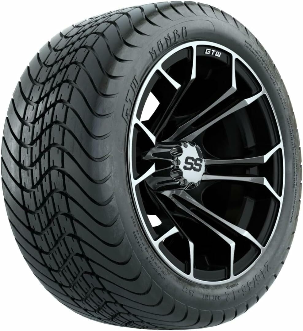 GTW 12 Inch Golf Cart Wheels and Tires Combo | GTW Spyder Machined/Black Wheels on 215/35-12 (18") Mamba Street Tires | Set of 4
