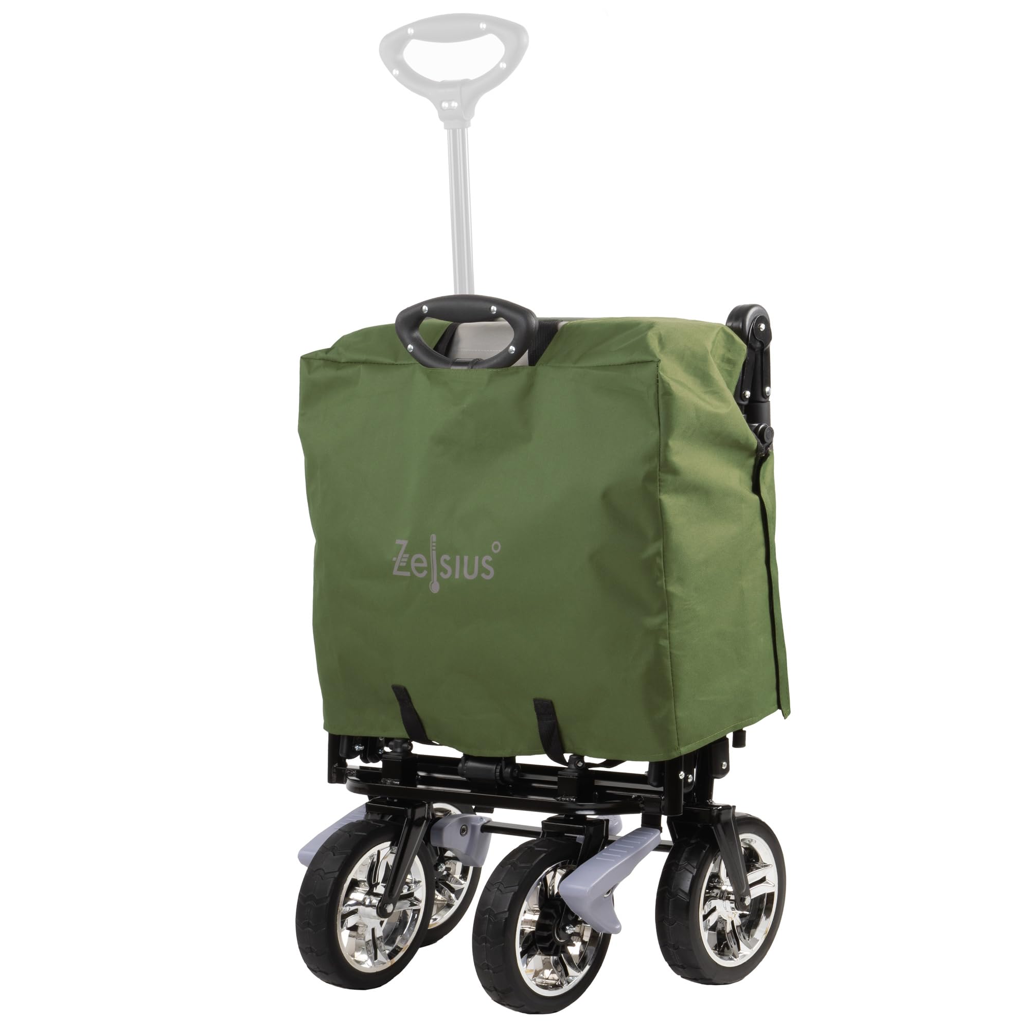 Zelsius Chariot de transport pliable avec toit | Vert/gris | Chariot de transport avec système de sangle | Chariot à main pliable | Chariot de jardin pliable avec toit pare-soleil et diable de