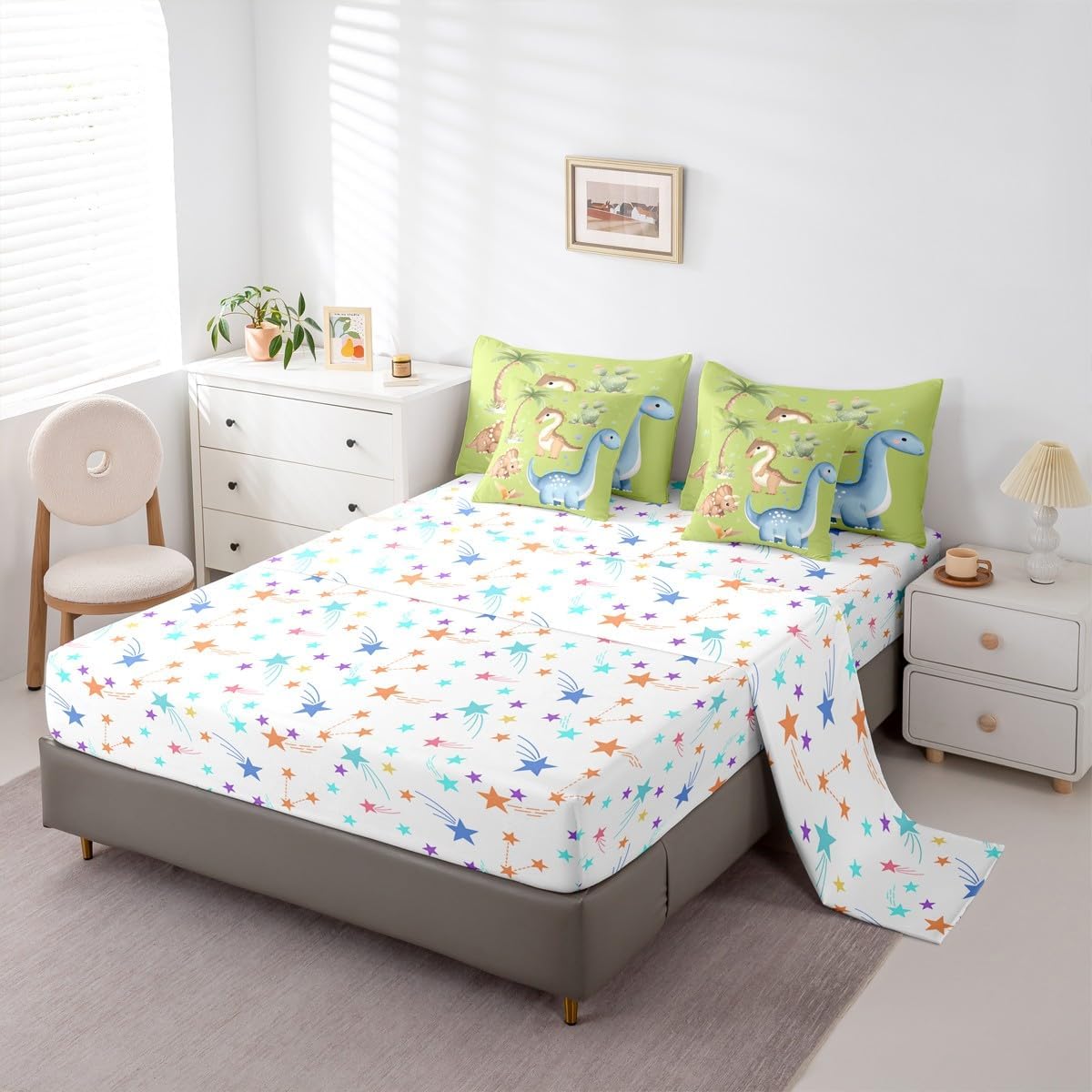 Feelyou Cute Dinosaur Comforter Set Twin Size 7 Pieces Cartoon Dinosaur Bedding Set Kids Boys Girls Wild Animal Bed in a Bag with Comforter, Sheets, Pillowcases, Cushion Covers Jungle Dino Plant