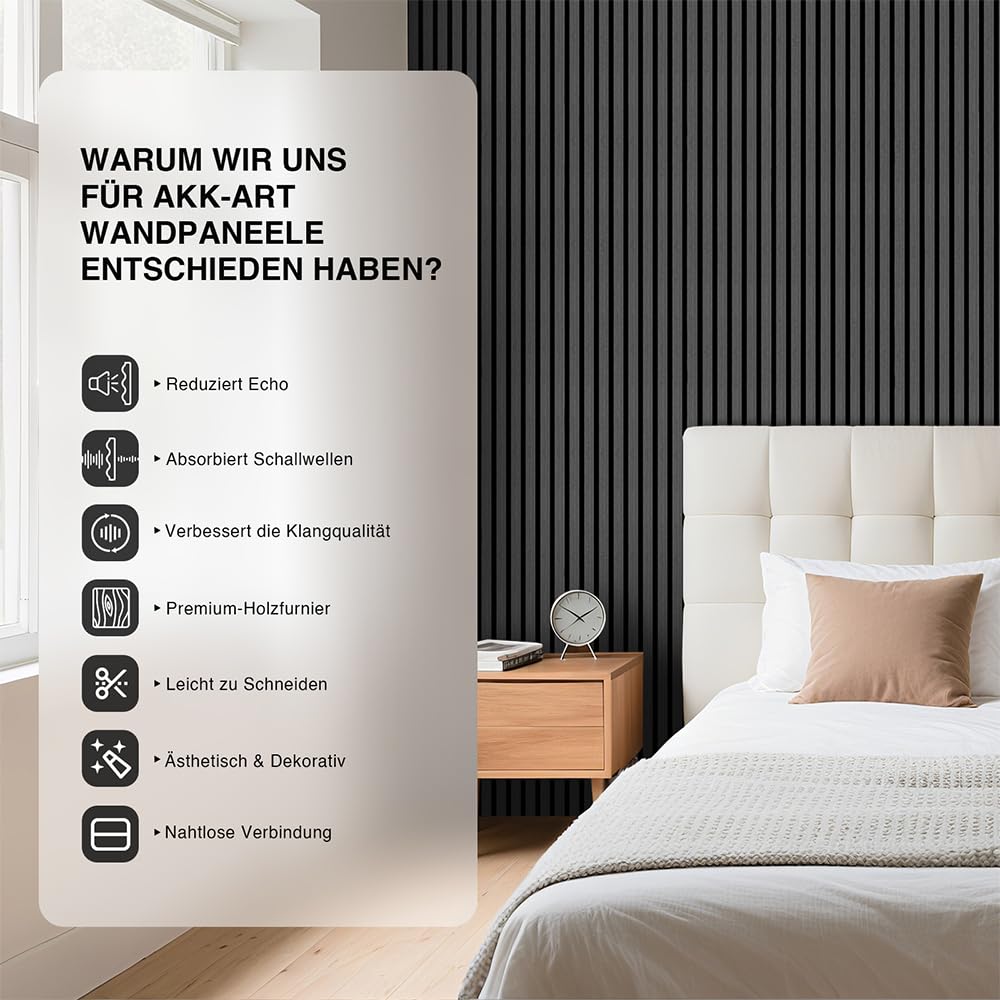 Faltbar Akustikpaneele Holz 240x60cm-3 Stück(4,32m²) Wandpaneele mit Holzfurnier & Filz|Holzpaneele Wand Acoustic Panel|Wandverkleidung innen für Home-Studio,Wohnzimmer & Büro Schwarz#22