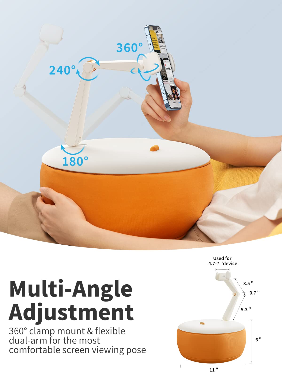 SAIJI Cell Phone Pillow Holder for Bed,360Â° Angle Adjustable Clip Clamp Cell Phone Stand,Dual-arms Height Adjustment,Compatible with iPhone 13,13 Pro,Pro Max,Mini 12 11 X XR 8 7 6 Plus,4.7-7.0''Phone