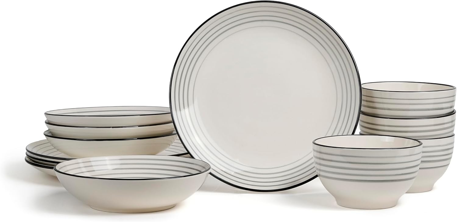 Earth & Clay Zeke 12-Piece Dinnerware Set Earthenware, Plates and Bowls Set, Dishwasher and Microwave Safe Dishes, Dish Set for 4, Grey