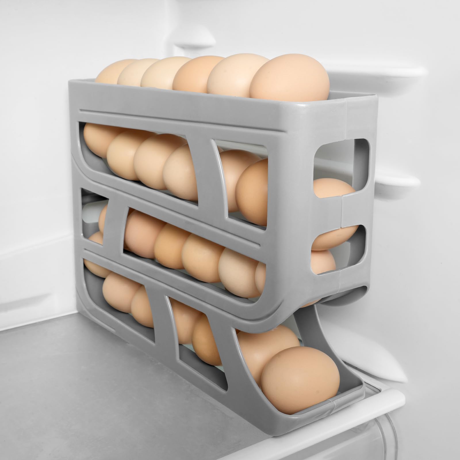 HOTUT 4 Tier Egg Holder for Fridge,Rolling Egg Dispenser Rack,Space Saving Egg Tray,Auto Rolling Fridge Egg Organizer,Automatically Rolling Egg Storage Container for Kitchen Refrigerator Table (Gray)