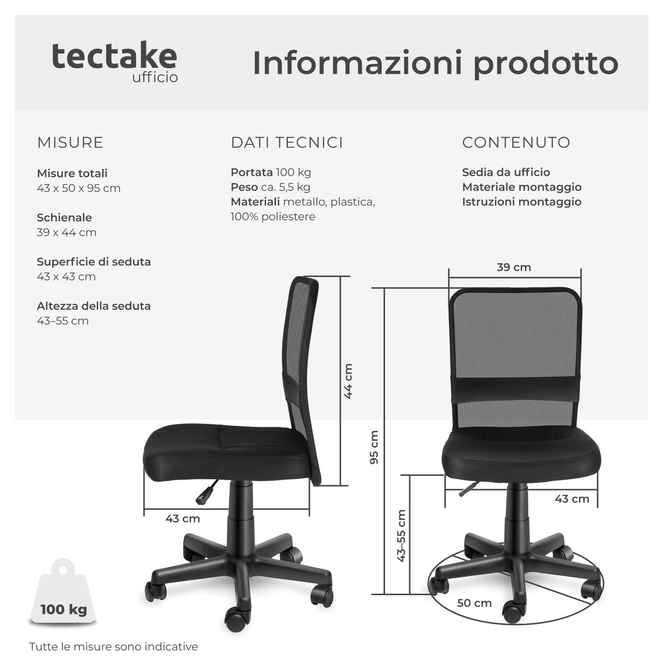 tectake SEDIA UFFICIO SEDIA GIREVOLE STOFFA RETE - disponibile in diversi colori - (Nero | no. 401793)