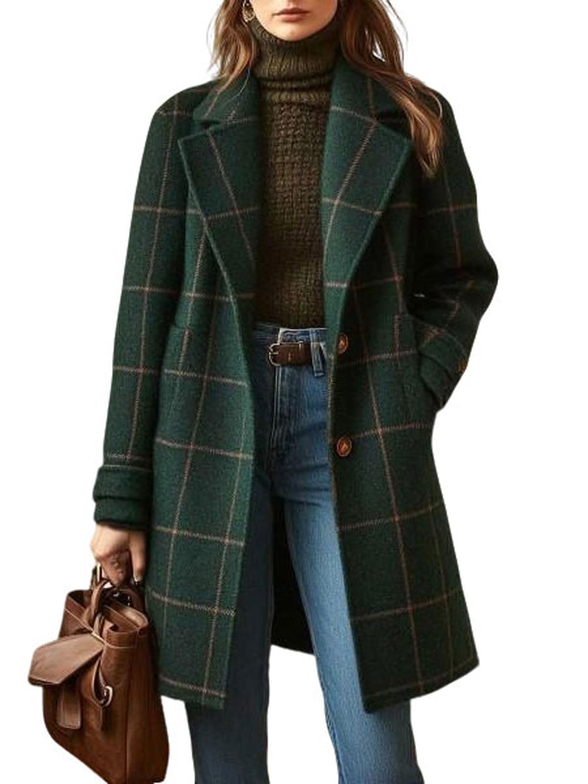 utcoco Womens Plaid Trench Coat Vintage Mid Length Notch Lapel Single Breasted Winter Wool Blend Outerwear