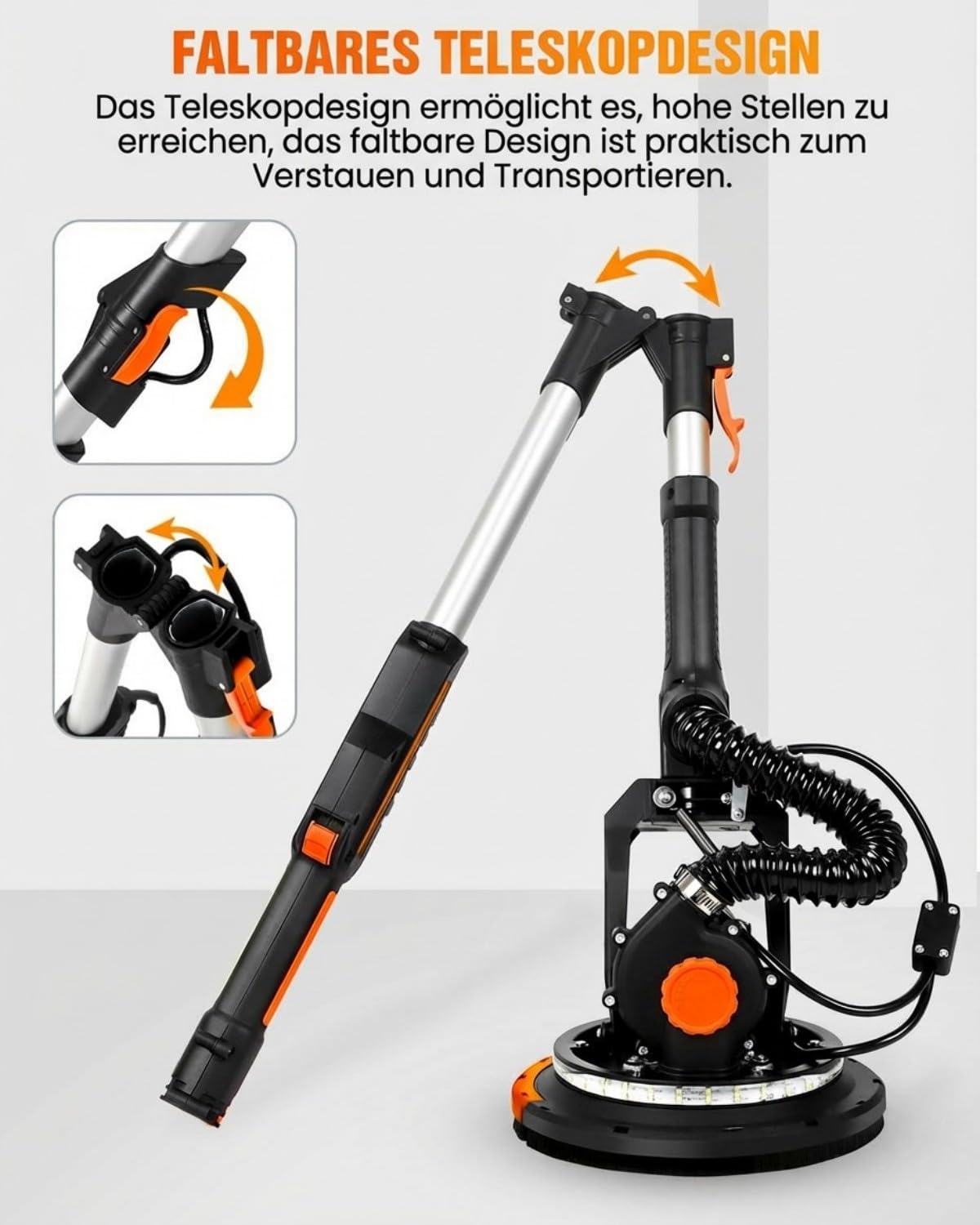 Trockenbauschleifer 900W, Wandschleifer & Deckenschleifer mit Absaugung, 1800 U/min, 6-Stufen Geschwindigkeit, Klappbarer Teleskopstiel, LED-Leuchte, inkl. 12 Schleifblättern