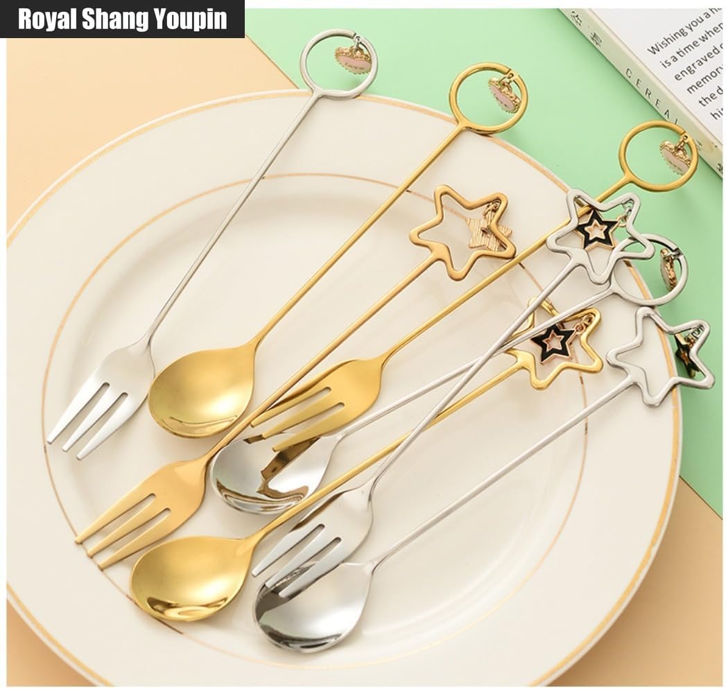 5 Pieces Creative Stainless Steel Silverware Heart-shaped Pendant Spoon Fork Cartoon Coffee Stirring Spoon Cake Dessert Spoon Fruit Fork (Silver)
