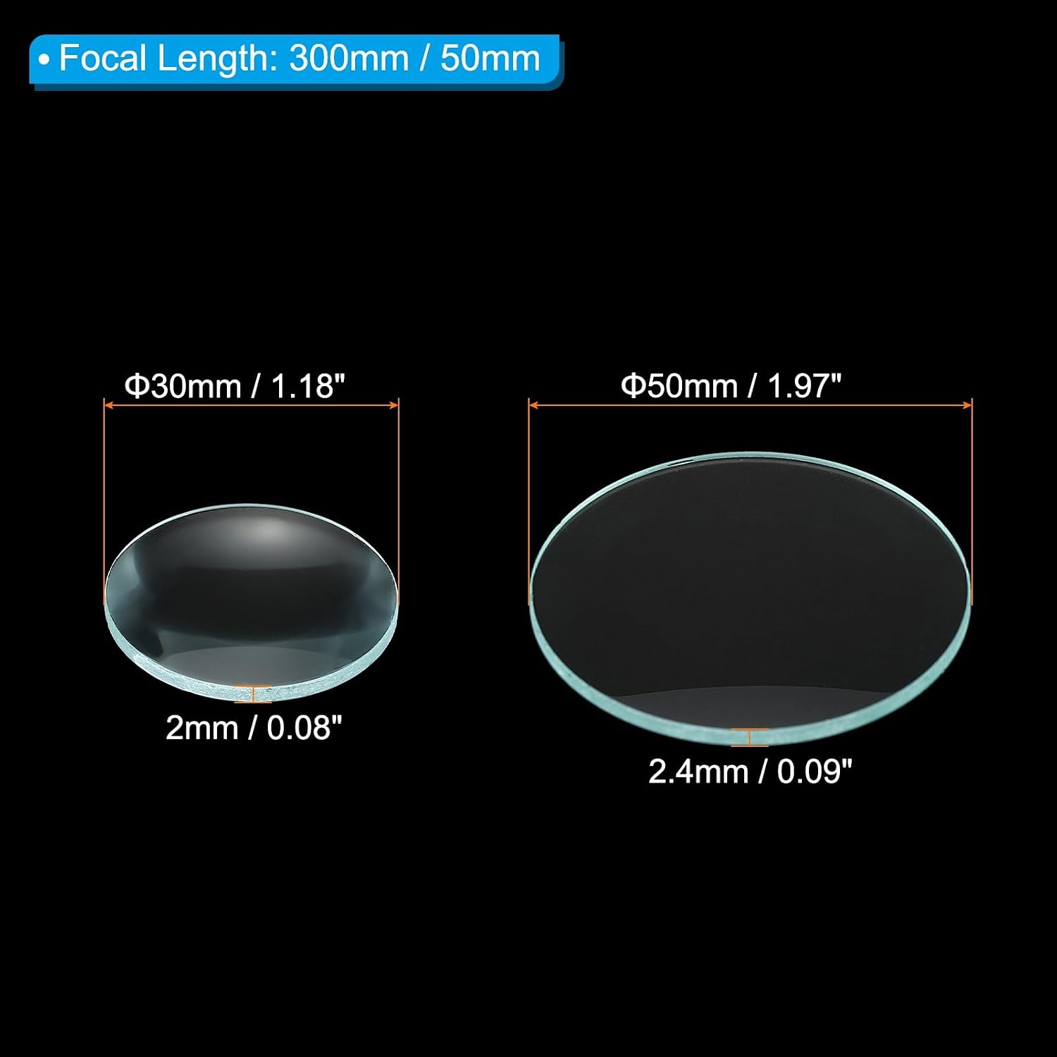 PATIKIL Convex Lens, 300 50mm Focal Length 50/30mm (1.97/1.18") Diameter Round Glass Magnifying Telescope Lens Trial Set Ground Edge for Lab Physics Class Optics, 2 Pcs