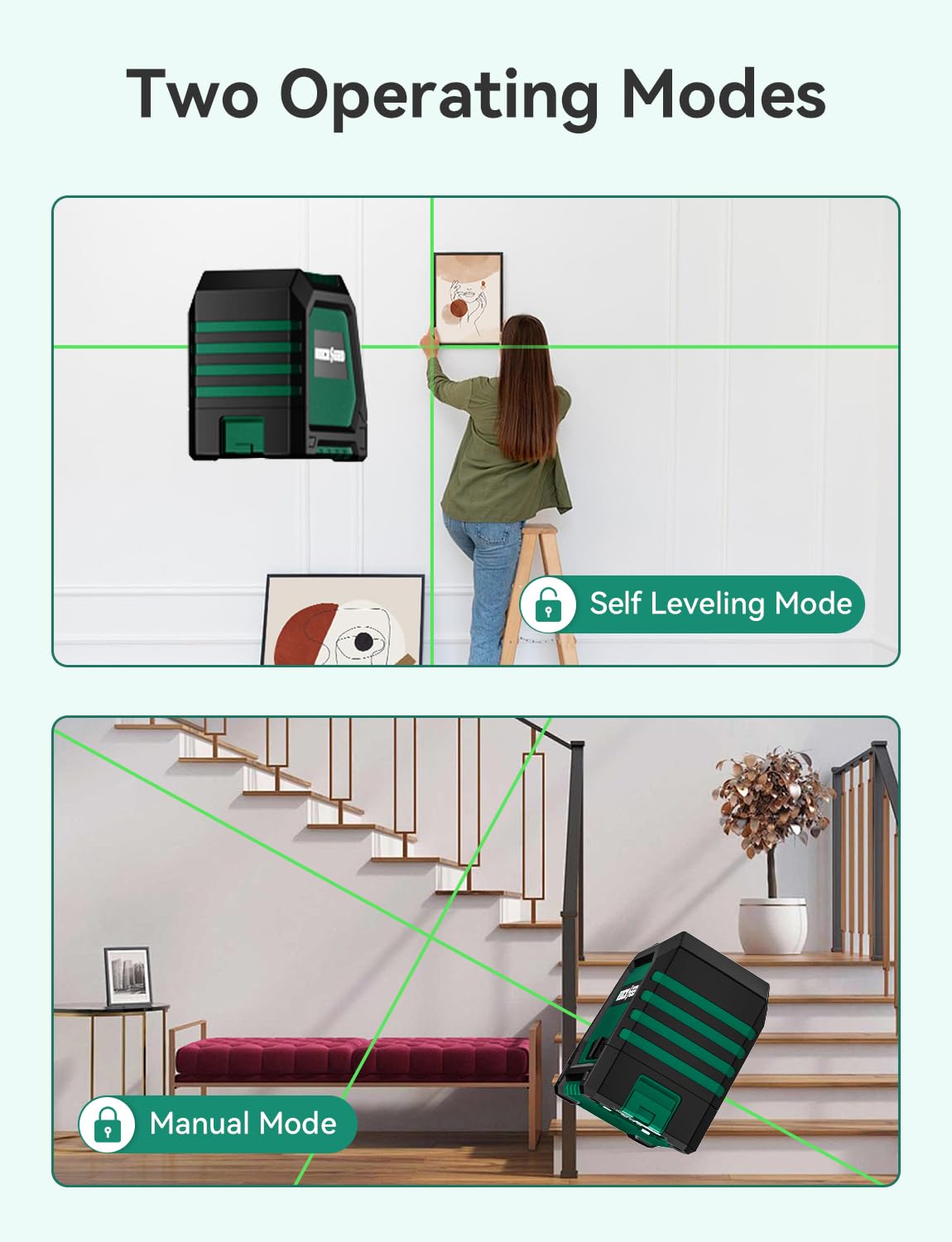 RockSeed Nivel Láser de Módulo Dual, Nivel de Línea Autonivelante,Haz Verde Horizontal y Vertical de 150 °, 2 Baterías AA,Bolsa de Transporte,para Decoración del Hogar/Bricolaje/Sitio de Construcción