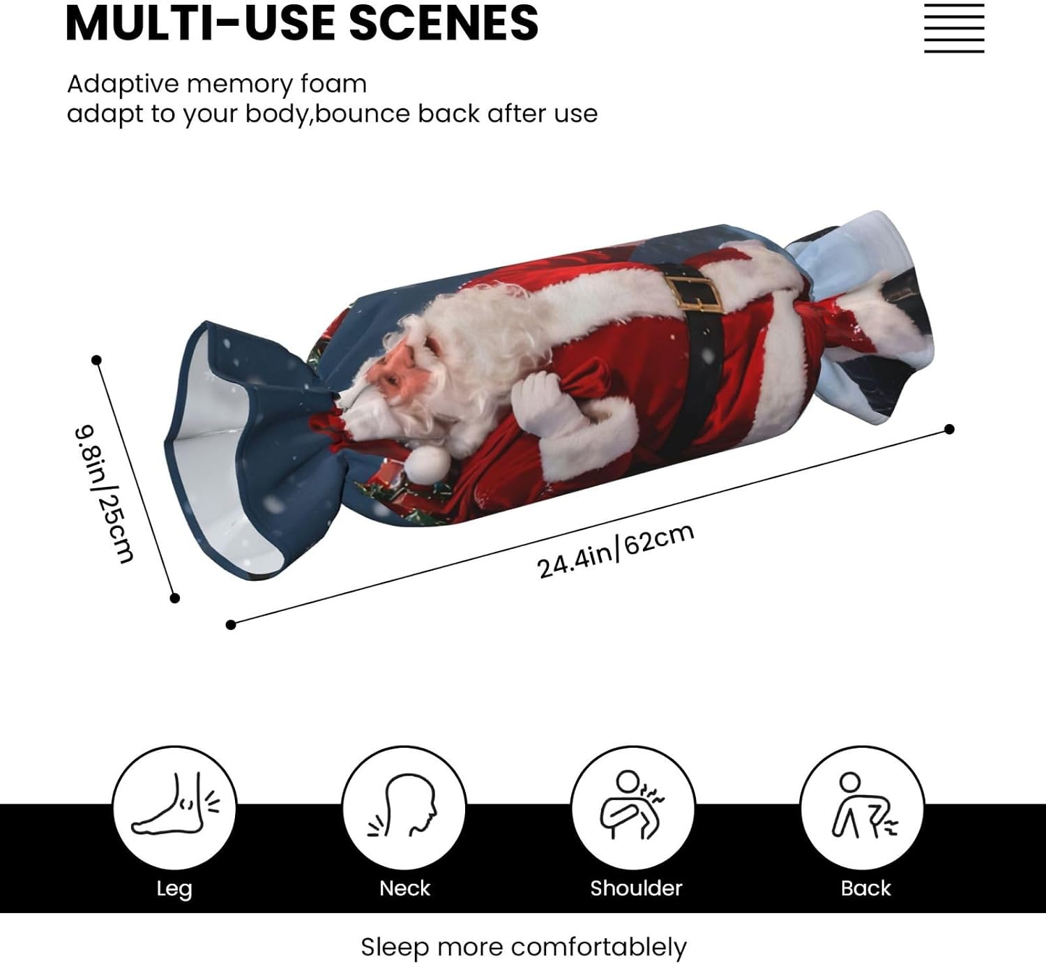 Santa Claus Candy Cylindrical Pillow - Sleeping Pillow Soft Support for Back, Stomach or Side Sleepers