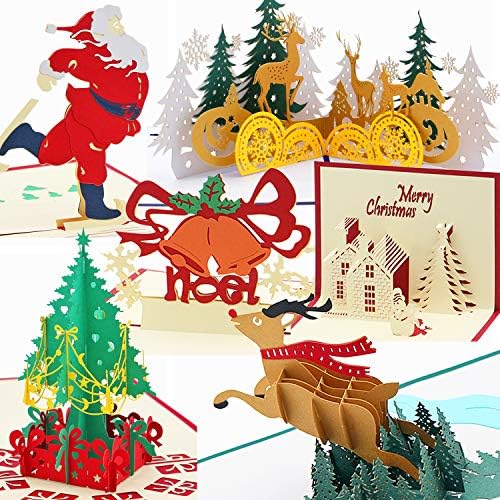 Titao Christmas Cards Pop Up 3D Greeting Cards Set of 6 Cards and Envelopes with Santa Claus, Christmas Tree, House, Jingle bell, Reindeer, Christmas Forest for  Christmas, New Year, Holiday, Festival